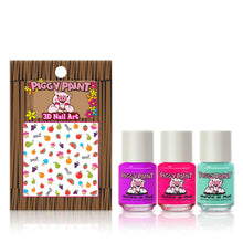 Load image into Gallery viewer, The Piggy Paint Happy Hands set offers cruelty-free, vegan nail polish in purple, pink, teal plus fun vibrant fruit stickers.