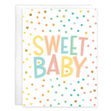 Gina B Designs Sweet Baby Dots card with gold foil SWEET BABY lettering surrounded by a pattern of multicolored dots and small hearts.