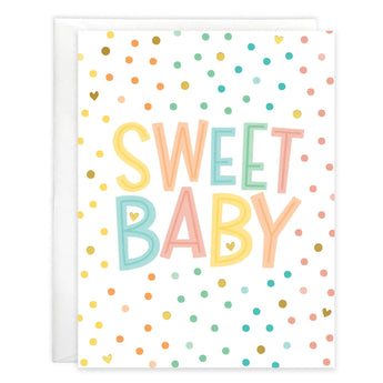 Gina B Designs Sweet Baby Dots card with gold foil SWEET BABY lettering surrounded by a pattern of multicolored dots and small hearts.