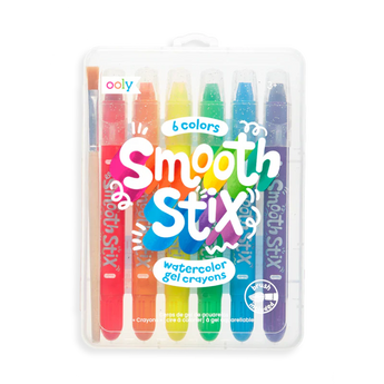 OOLYs Smooth Stix Watercolor Gel Crayons come in a travel case with six vibrant colors.
