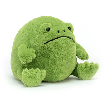 A round, green Jellycat Ricky Rain Frog plush toy sits upright against a plain white background.