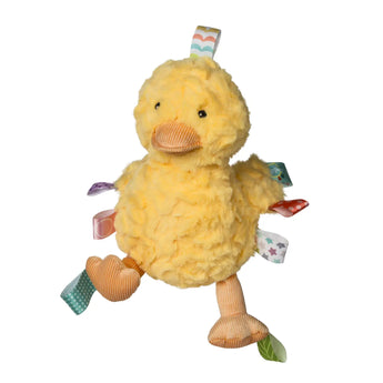 Mary Meyer Taggies Soft Toy, Dunkin Duck: yellow textured fabric, ribbons, soft fur, corduroy beak/feet/legs for sensory fun.