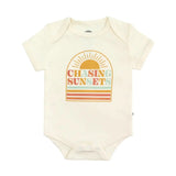 Emerson and Friends Luxury Bodysuit, Chasing Sunsets: organic cotton, sun & stripes design—gentle baby summer wear.