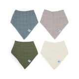Keep baby dry in style with Little Unicorn's Cotton Muslin/Fleece Bandana Bib 4 Pack - Sea, each with a cute blue label.