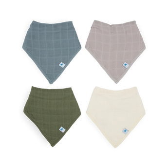 Keep baby dry in style with Little Unicorn's Cotton Muslin/Fleece Bandana Bib 4 Pack - Sea, each with a cute blue label.