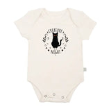 Organic Bodysuit, Creature of the Night: white short sleeve bodysuit with black cat & text "Creature of the Night." Made of 100% organic cotton.