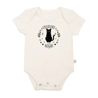 Organic Bodysuit, Creature of the Night: white short sleeve bodysuit with black cat & text "Creature of the Night." Made of 100% organic cotton.