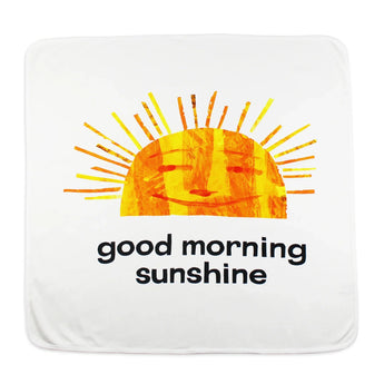 The Organic Blanket, Sunny Day by Lovedbaby features a smiling sun and good morning sunshine, inspired by Eric Carles vibrant style.