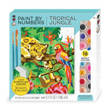 Paint By Numbers, Tropical Jungle: blue & white box with colorful jungle-themed illustration & 2 brushes, paints visible inside. 16 bright colors.
