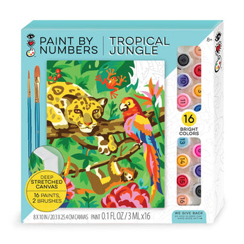 Paint By Numbers, Tropical Jungle: blue & white box with colorful jungle-themed illustration & 2 brushes, paints visible inside. 16 bright colors.