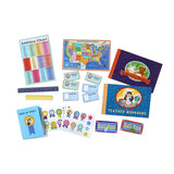Eeboos Pretend Play, School kit offers books, maps, charts, hall passes, bookmarks, and stickers for a creative adventure.