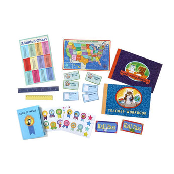 Eeboos Pretend Play, School kit offers books, maps, charts, hall passes, bookmarks, and stickers for a creative adventure.