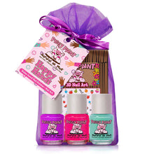 Load image into Gallery viewer, Piggy Paint, Gift Set Happy Hands: Purple drawstring bag includes 3 cruelty-free polishes and a booklet. Tags show details and designs.