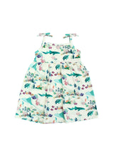 Emerson and Friends Sundress, Coral Reef—sleeveless bamboo girls dress with sharks & bow straps, perfect for summer.