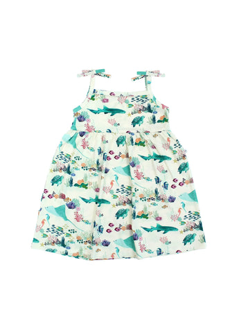 Emerson and Friends Sundress, Coral Reef—sleeveless bamboo girls dress with sharks & bow straps, perfect for summer.