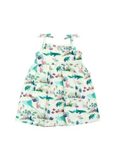 Load image into Gallery viewer, Emerson and Friends Sundress, Coral Reef—sleeveless bamboo girls dress with sharks & bow straps, perfect for summer.