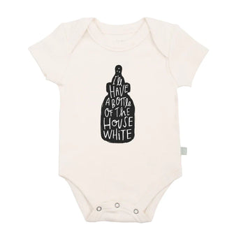 Finn and Emmas Organic Bodysuit, House White features a cute wine bottle graphic with the text Ill have a bottle of the house white.