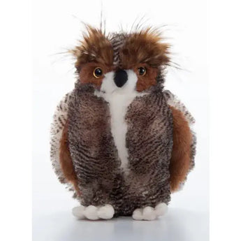 Wo Great Horned Owl: fluffy brown & white owl stuffed animal with brown feathers above eyes.