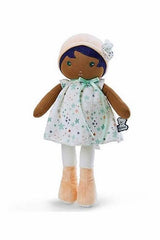 Janod Juratoys Tendresse, Manon K Doll Large, a cuddly plush doll with dark purple hair, a peach bonnet, and a white star-patterned dress.