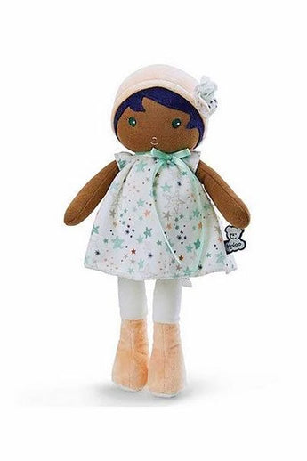 Janod Juratoys Tendresse, Manon K Doll Large, a cuddly plush doll with dark purple hair, a peach bonnet, and a white star-patterned dress.
