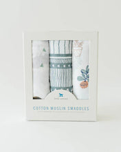 Load image into Gallery viewer, Little Unicorn Cotton Swaddle Set, Bison: 3 breathable cotton muslin blankets with charming stripes and plant patterns.