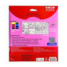 Load image into Gallery viewer, The back of the OOLY Desert Getaway DIY Watercolor Kit shows contents, 8 outlined artworks, instructions & social media icons on pink.
