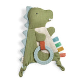 Itzy Ritzy Sensory Toy w/ Teether, Dino: plush green dino with teether ring, tags, knots & crinkle textures on white background.