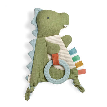 Itzy Ritzy Sensory Toy w/ Teether, Dino: plush green dino with teether ring, tags, knots & crinkle textures on white background.