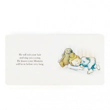 Load image into Gallery viewer, A page from Jellycats The Magic Bunny Book shows a child sleeping with comforting words about a parent arriving soon.