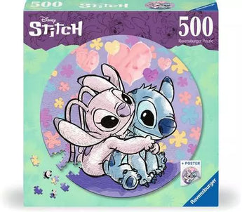 500 Piece Puzzle, Stitch: teal box with photo of pastel puzzle with 2 cartoon characters. Text "Disney Stitch 500 Ravensburger Puzzle."