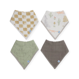 Little Unicorn Cotton Muslin/Fleece Bib 4 Pack in Adobe Checker: tan check, desert animals, green stripes, and solid brown teether.
