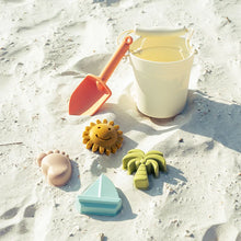 Load image into Gallery viewer, Emerson and Friends Beach Bucket Toy Play Set: Silicone bucket, orange shovel, sun, foot, palm tree & sailboat sea-themed toys.