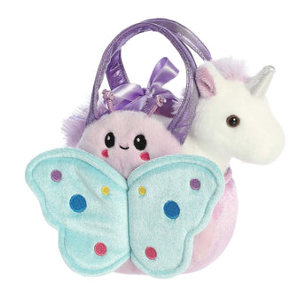 Aurora's Lil Butterfly Purse: a plush unicorn purse with a purple handle and a smiling, colorful butterfly on the front.