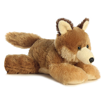 Aurora’s Clever Coyote is a brown and tan Mini Flopsie plush lying on its stomach with perked ears and an outstretched tail.