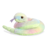Aurora’s Lula Rattlesnake plush features pastel rainbow coils and a purple tongue, making a cute decorative toy.