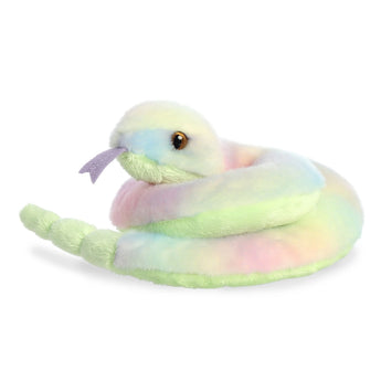 Aurora’s Lula Rattlesnake plush features pastel rainbow coils and a purple tongue, making a cute decorative toy.