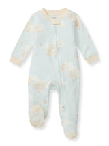 Burt's Bees Baby Organic Cotton Sleep & Play in Ice Flow: soft blue PJs with cloud/moon print, zipper, beige cuffs & neckline.