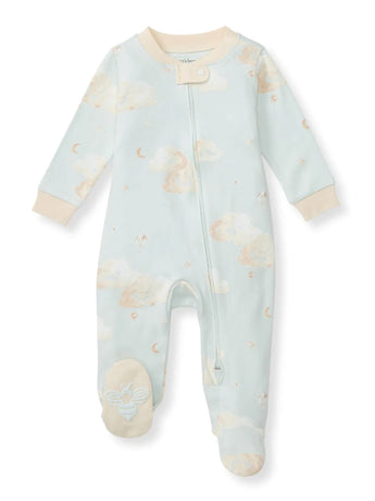 Burt's Bees Baby Organic Cotton Sleep & Play in Ice Flow: soft blue PJs with cloud/moon print, zipper, beige cuffs & neckline.