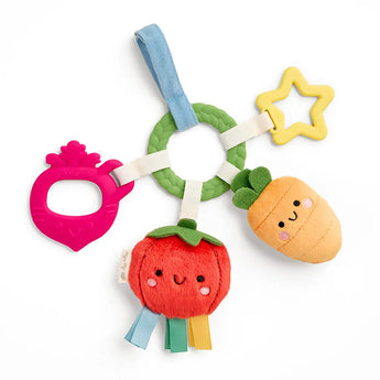 Itzy Ritzy Teething Activity Ring, Veggie: plush tomato, carrot, pink shape, star, green ring & textured teethers on white.