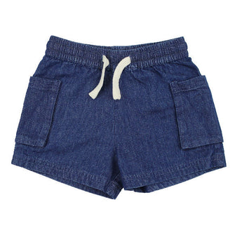 Denim Cargo Shorts: dark navy blue shorts with white adjustable waist tie and side pockets; made of 100% organic cotton.