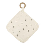 Organic Lovey, Buttercream Tree: cream square lovey with tree pattern attached to wooden ring.