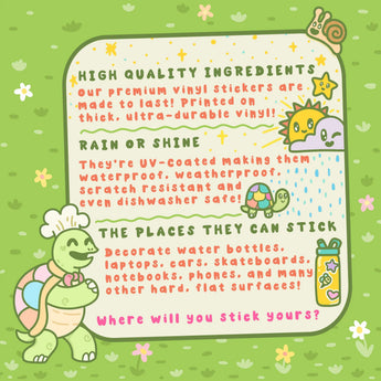 Turtle Soups Vinyl Sticker, Football design offers durable, UV-coated, scratch-resistant vinyl. Cute turtle chef with caterpillar & snail!.