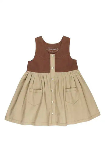 Western Dress: sleeveless button down western style dress with brown top and tan skirt with two pockets; made of 100% organic cotton.