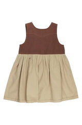Back of Western Dress: sleeveless western style dress with brown top and tan skirt; made of 100% organic cotton.