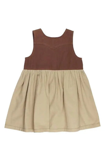 Back of Western Dress: sleeveless western style dress with brown top and tan skirt; made of 100% organic cotton.