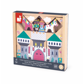 Janod Juratoys Enchanted Kingdom Building Blocks in a box, including pieces for a fairytale castle with a king, queen, horse, and unicorn.