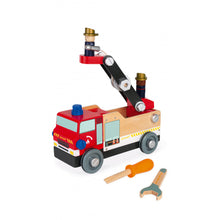 Load image into Gallery viewer, Janod Juratoys Fire Truck: Wooden with movable boom, 2 figures, and tools for construction fun.