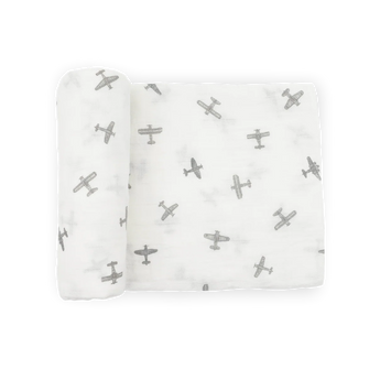 Little Unicorn Organic Cotton Muslin Swaddle - Pewter Planes: gray airplane print on white, GOTS certified organic cotton.