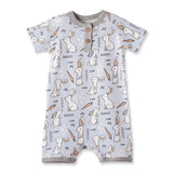 Romper, Cottontail Crew: light gray short sleeve romper with henley style buttons, with white bunny & orange carrot pattern.