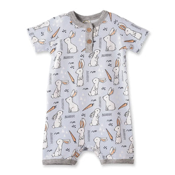 Romper, Cottontail Crew: light gray short sleeve romper with henley style buttons, with white bunny & orange carrot pattern.